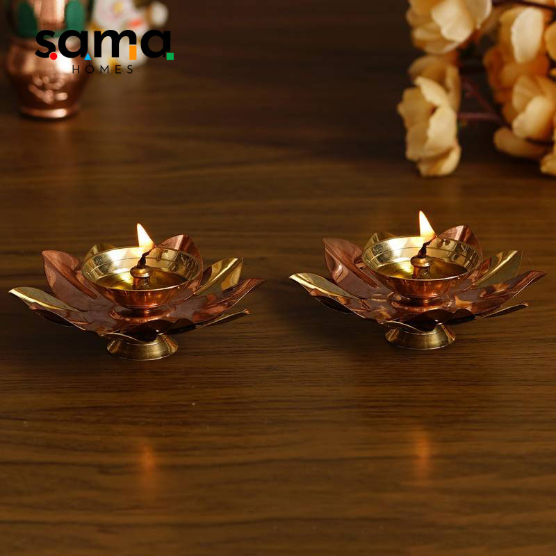 Pure Copper / Brass Elegant Handcrafted Metal Lotus Diya Set of 2 Diwali Special - Sama Homes - Image 3
