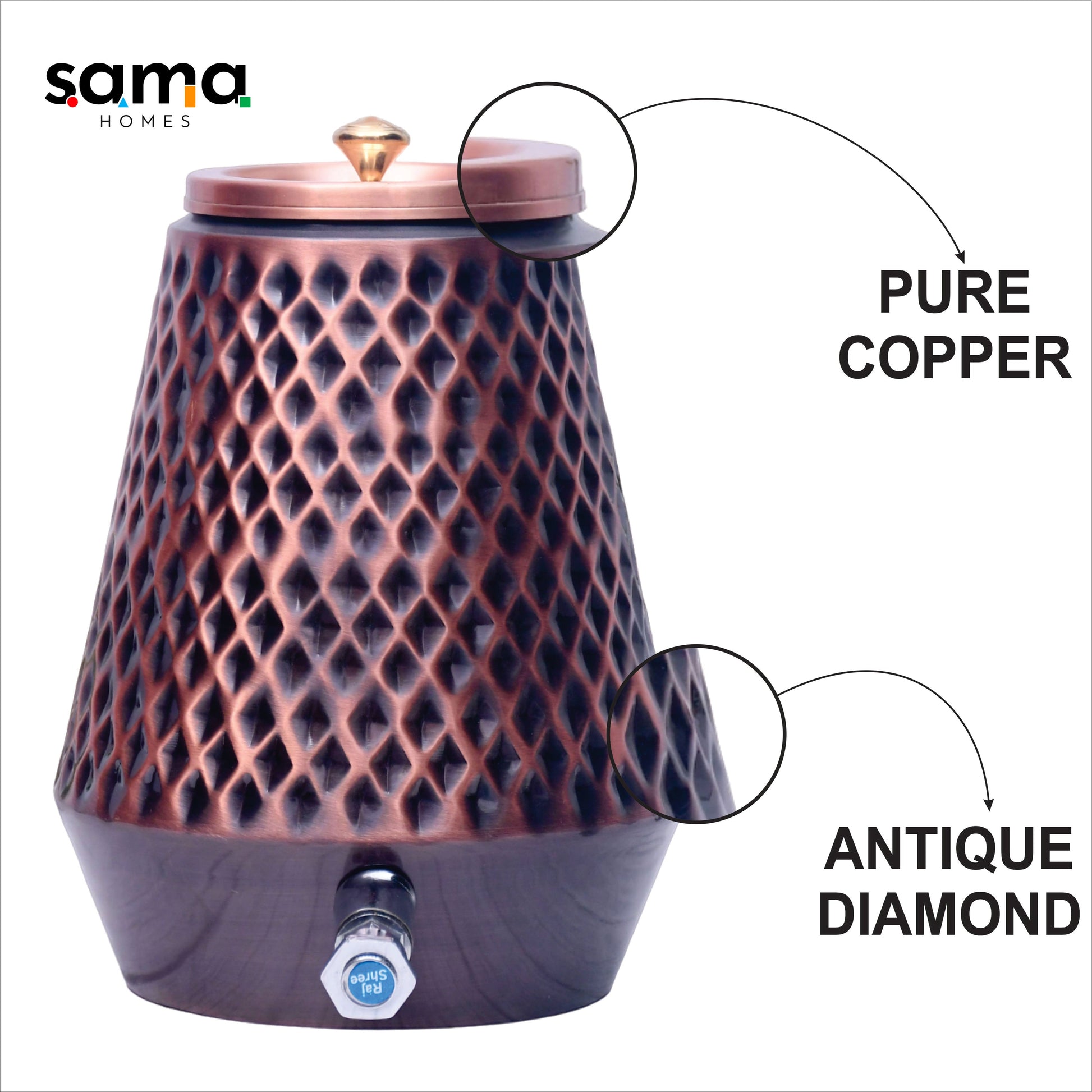 Pure Copper Water Dispenser Conical Antique Diamond Designed Capacity - Sama Homes