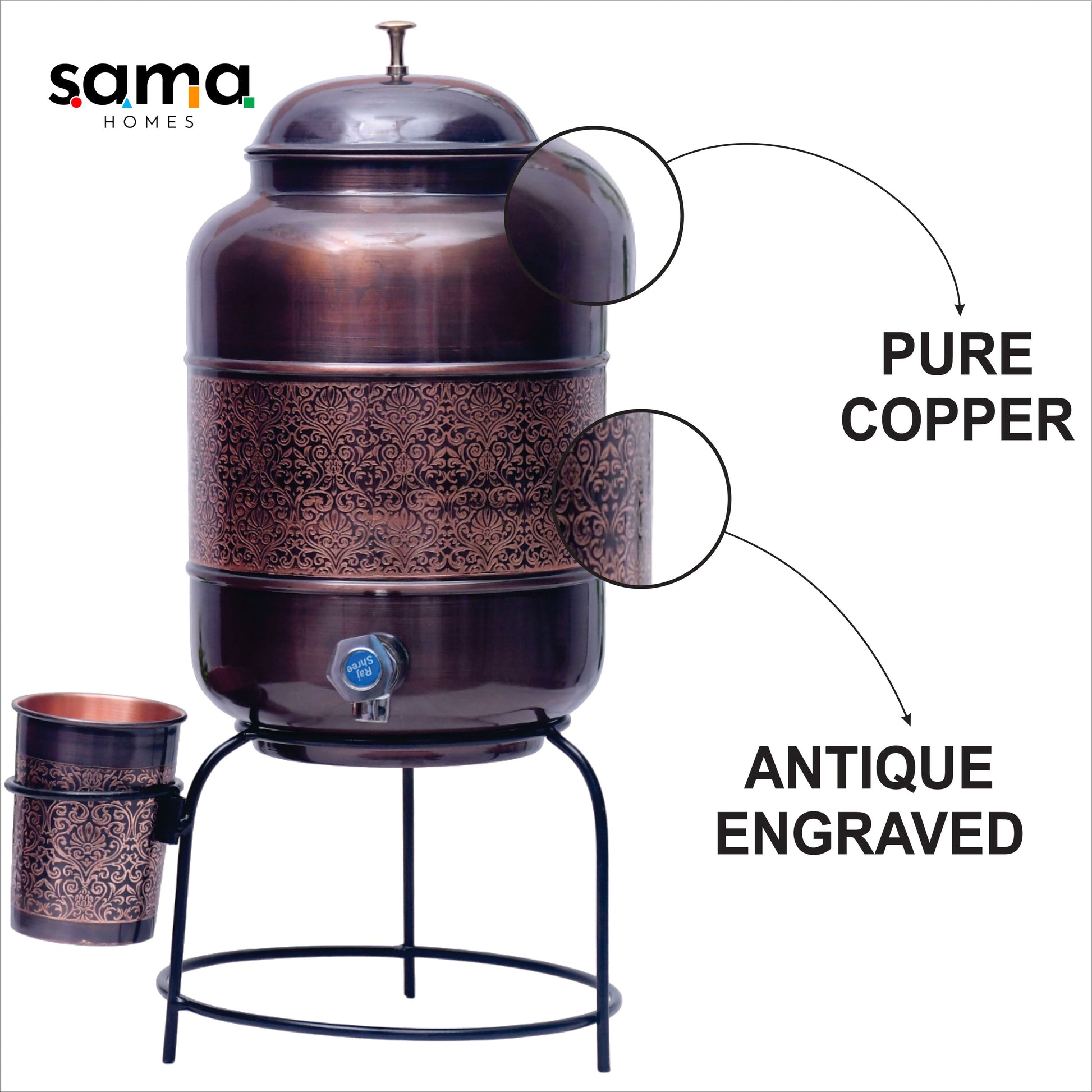 Pure Copper Water Dispenser with Glass and Stand Antique Engraved Designed Combo. - Sama Homes