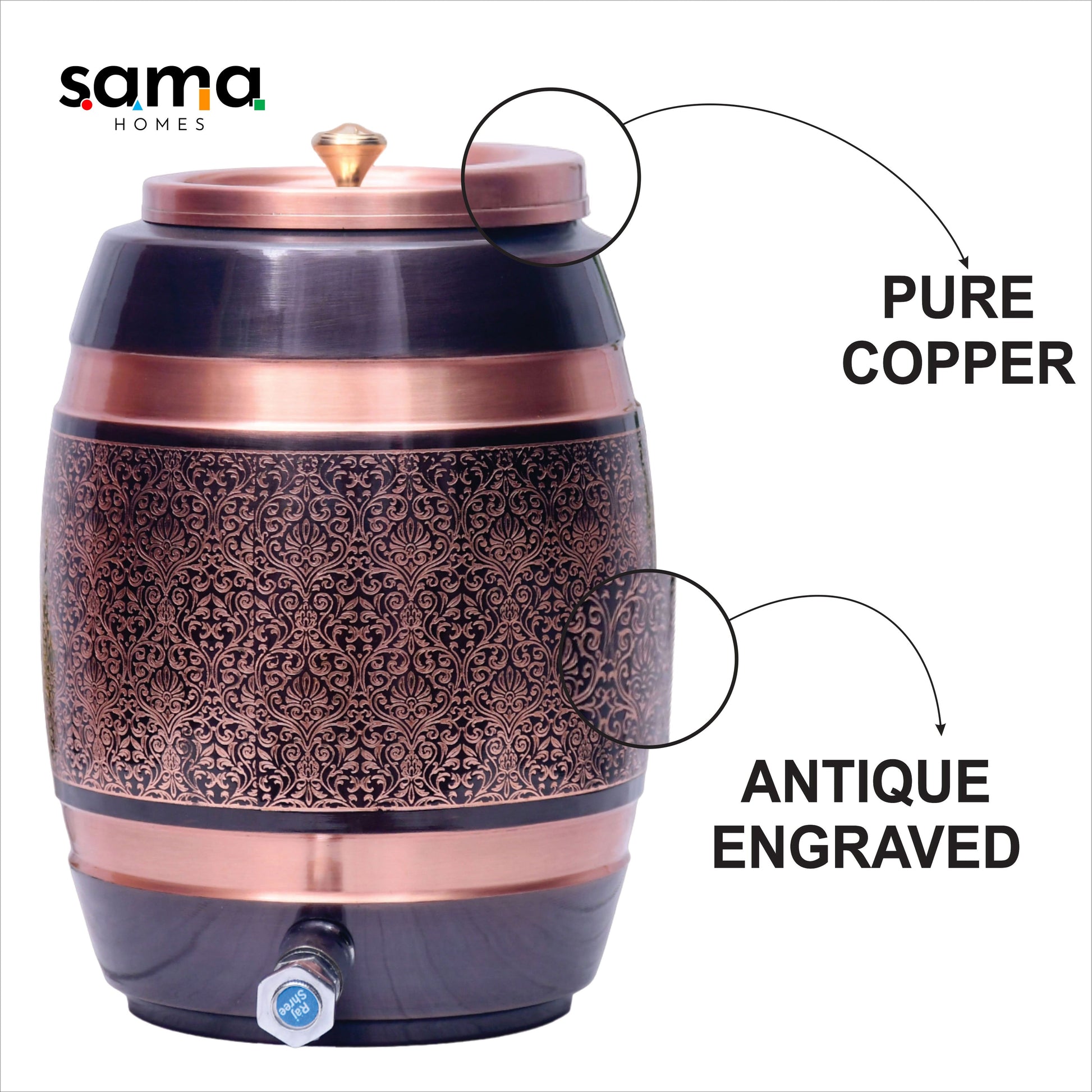 Pure Copper Water Dispenser Barrel Matka Antique Engraved Designed Capacity - Sama Homes