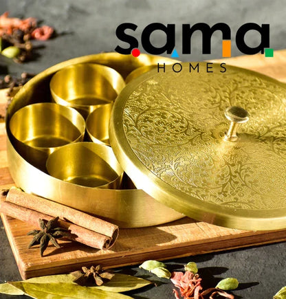 Handcrafted Brass Masala Box Set for Kitchen with Spoon (7 Containers, 40 ML) 6" - Sama Homes