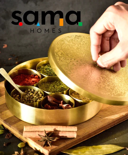 Handcrafted Brass Masala Box Set for Kitchen with Spoon (7 Containers, 40 ML) 6" - Sama Homes