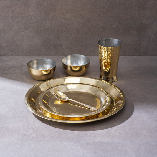 Brass Plate Set - 6 Pieces | Includes Full Plate, Quarter Plate, 2 Bowls, Glass & Spoon | Handcrafted Eco-Friendly Indian Dining Set - Sama Homes
