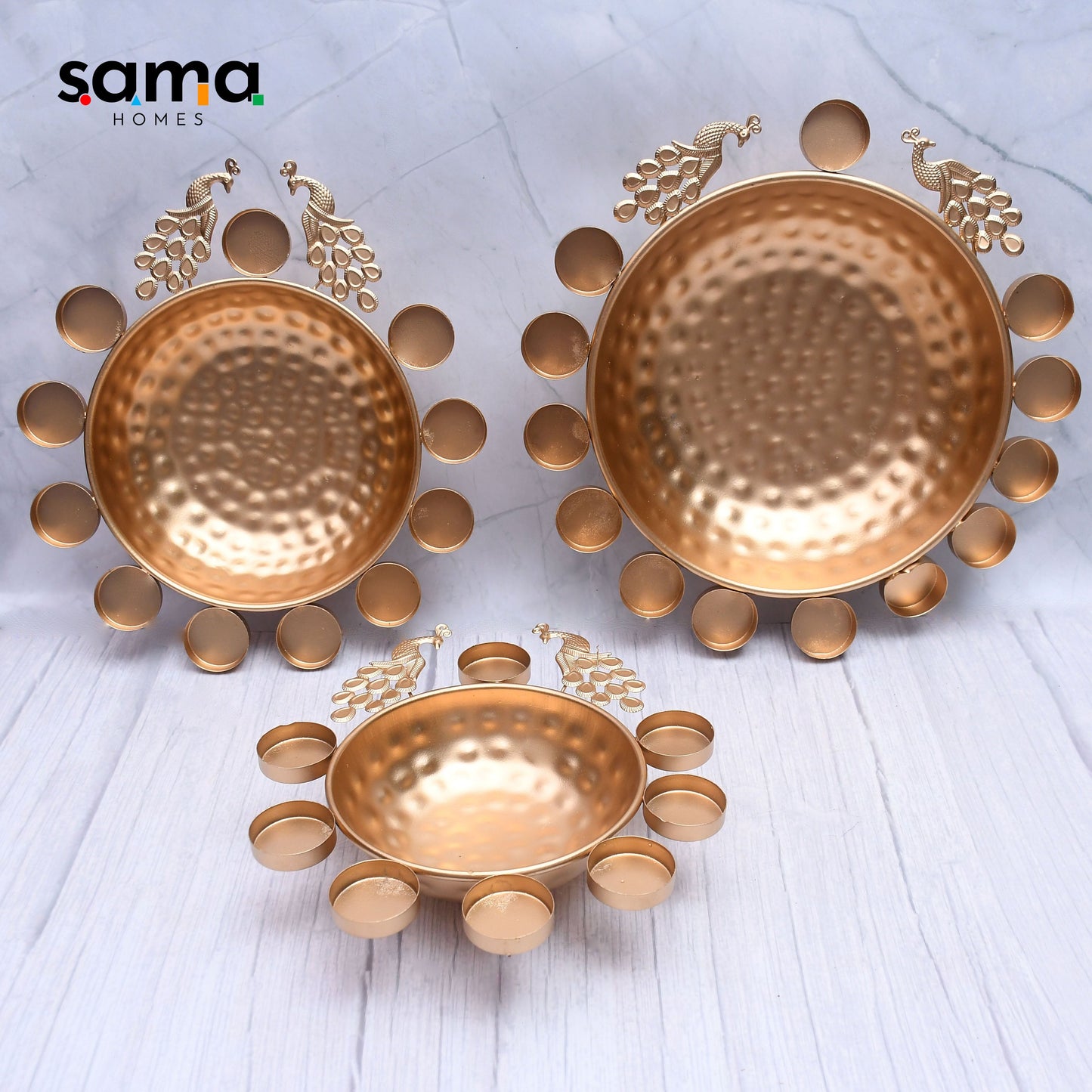 Exclusive Peacock Teal-light Urli Set of 3 - Sama Homes