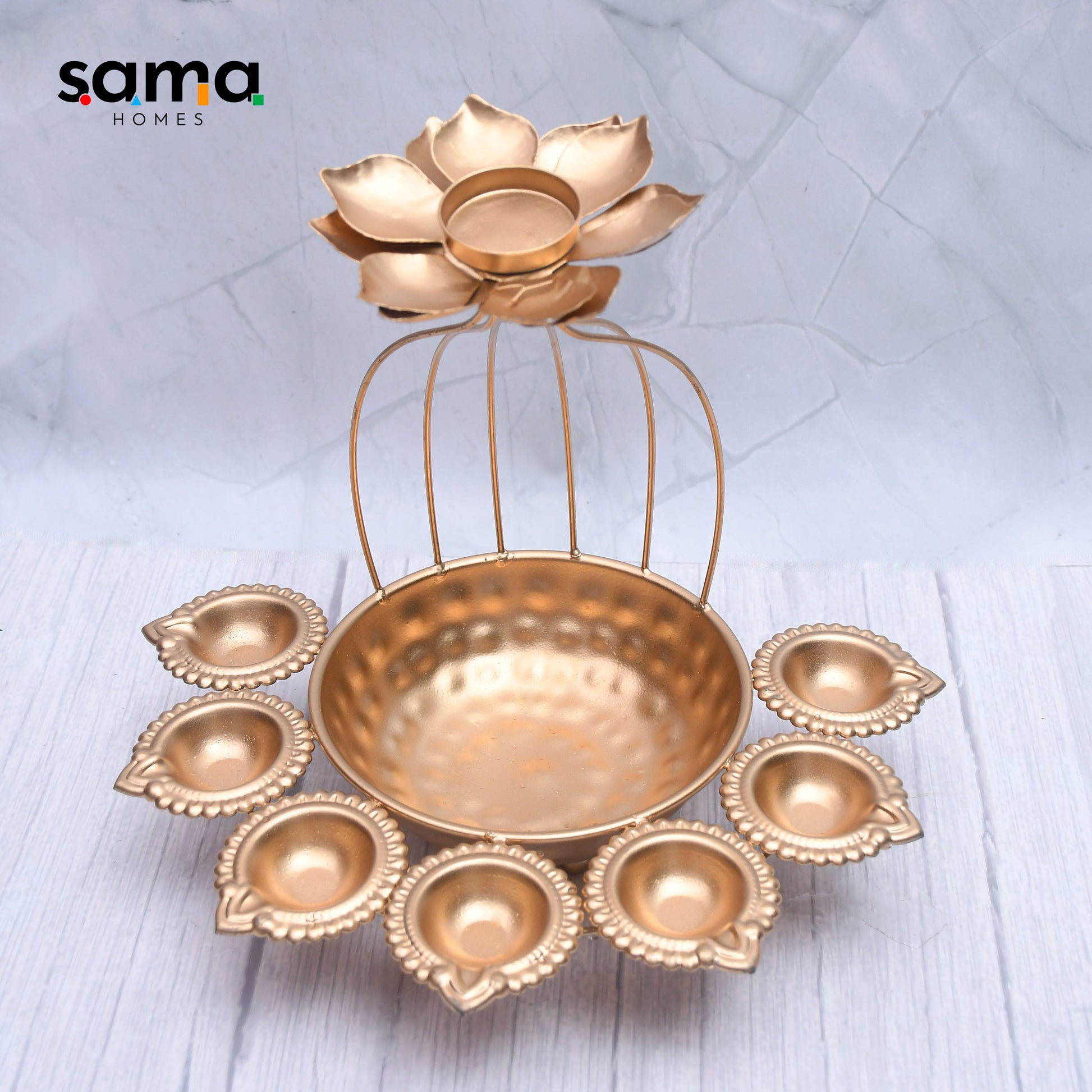 Exclusive Handmade Iron Urli Bowl and Metal Diya Set in Lotus Shape with Gold Powder Coating for Home Decor - Sama Homes