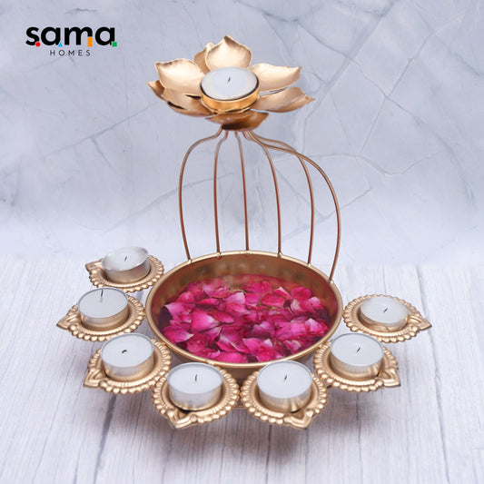 Exclusive Handmade Iron Urli Bowl and Metal Diya Set in Lotus Shape with Gold Powder Coating for Home Decor - Sama Homes