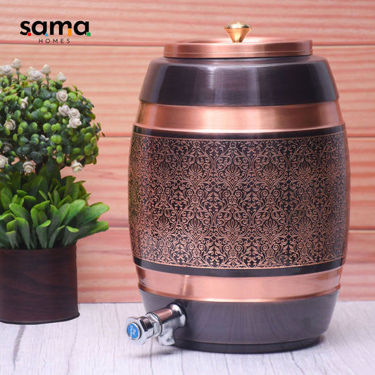 Pure Copper Water Dispenser Barrel Matka Antique Engraved Designed Capacity - Sama Homes