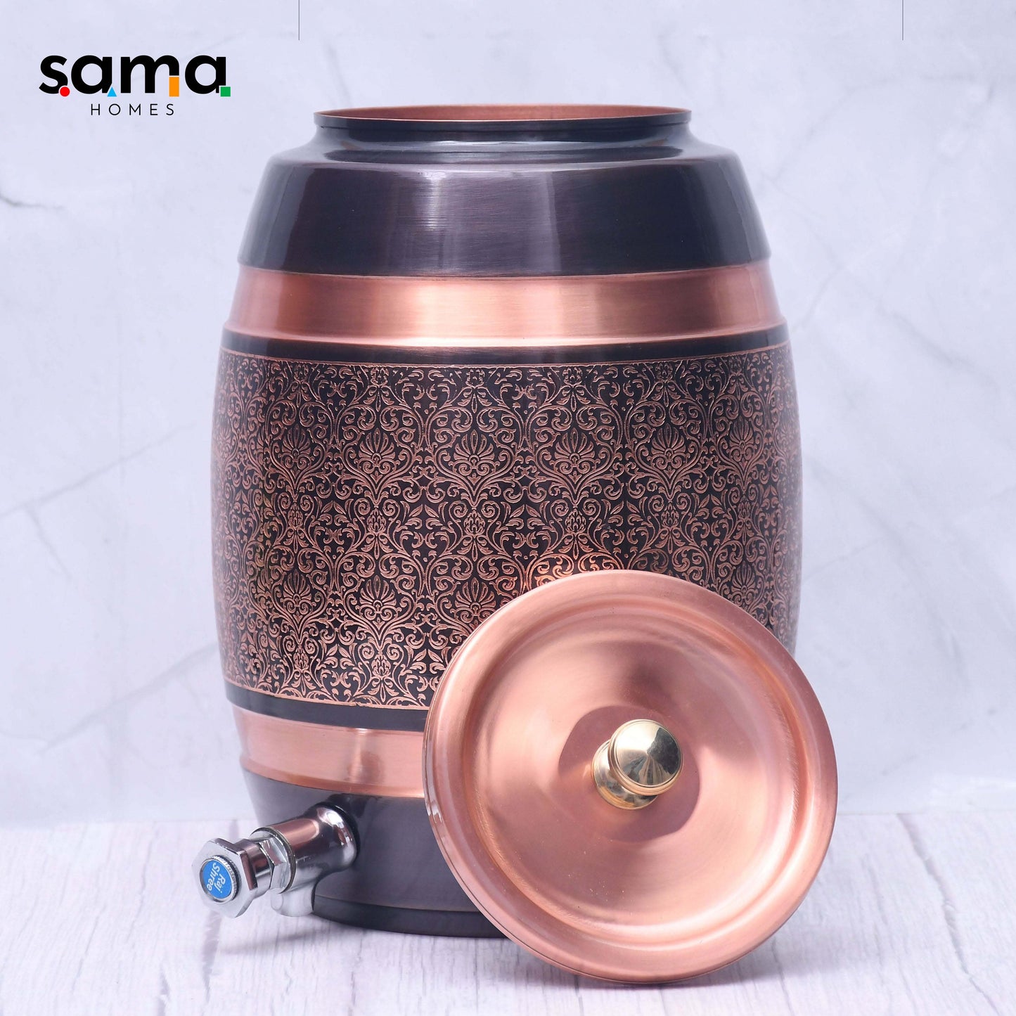 Pure Copper Water Dispenser Barrel Matka Antique Engraved Designed Capacity - Sama Homes
