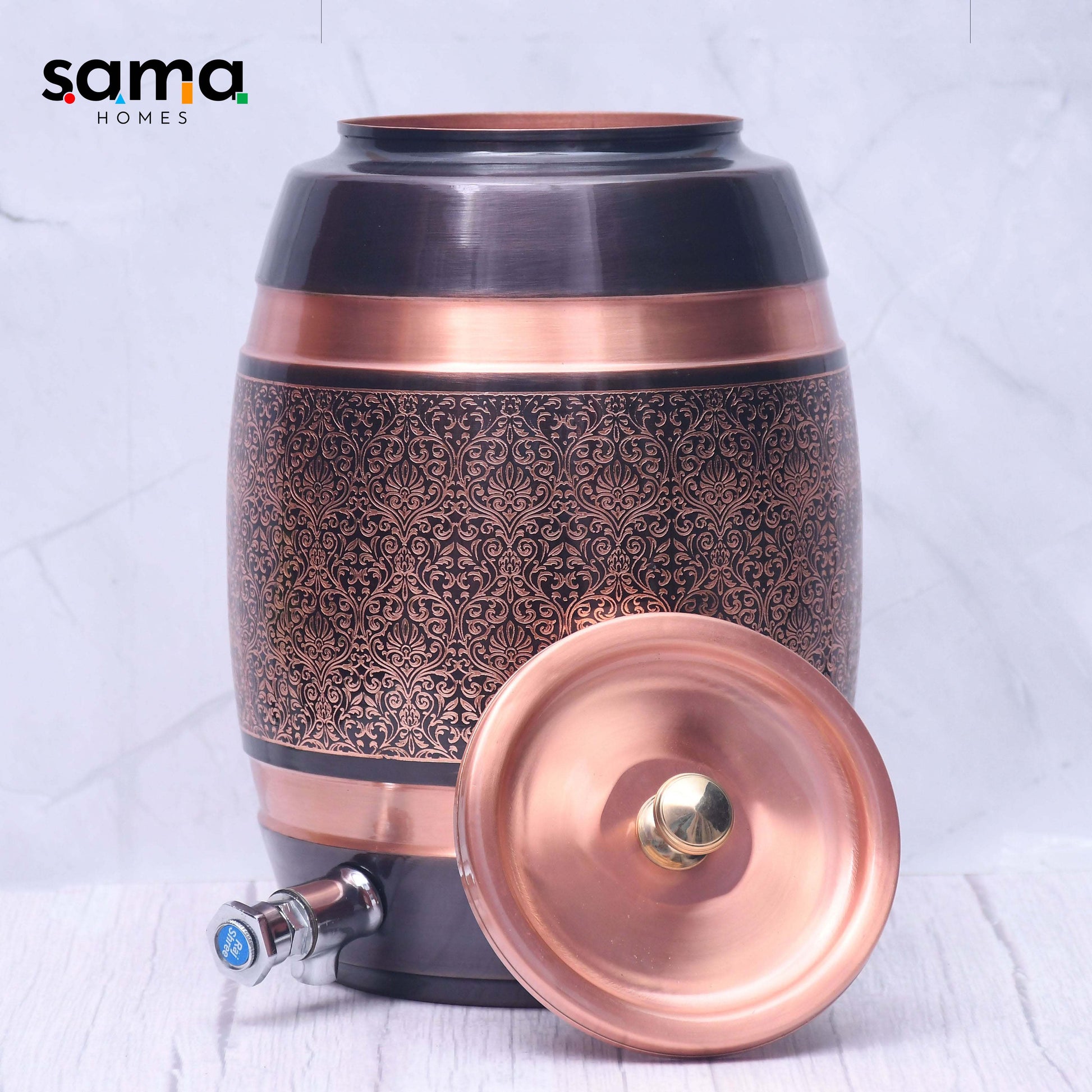 Pure Copper Water Dispenser Barrel Matka Antique Engraved Designed Capacity - Sama Homes