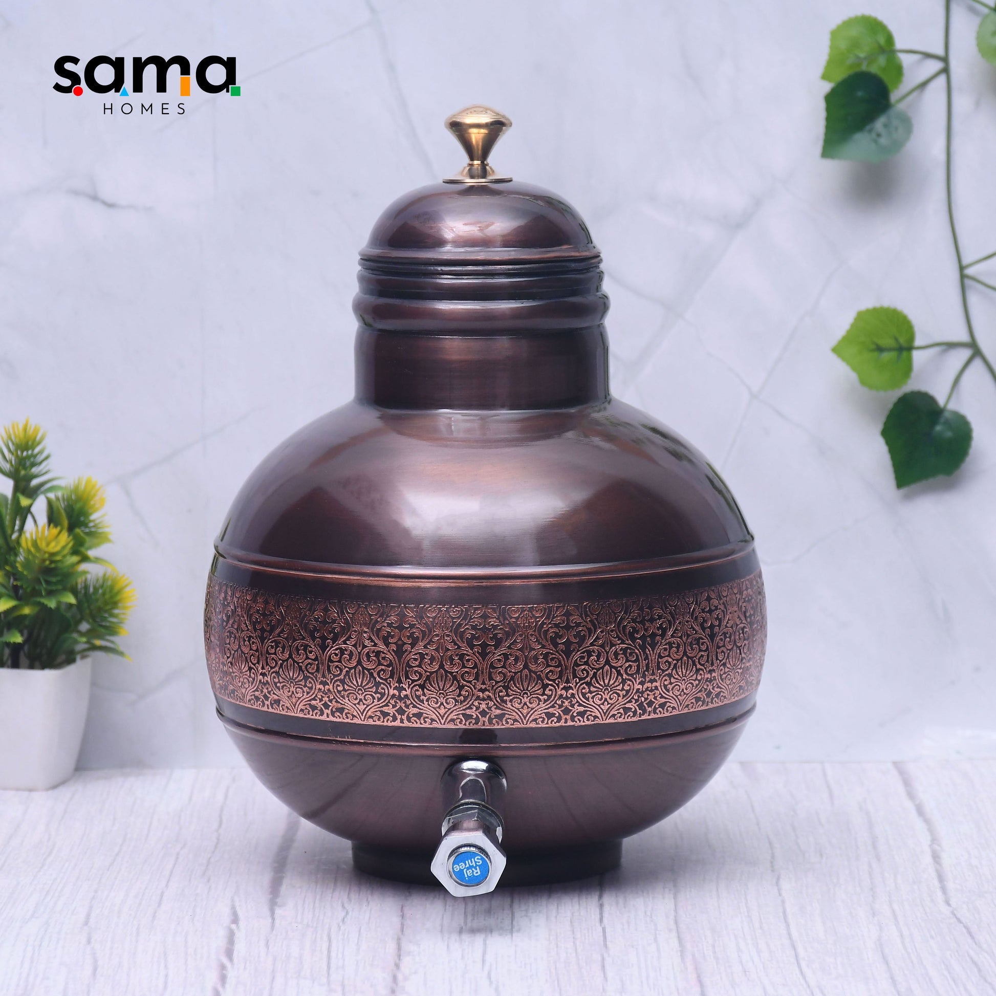 Pure Copper Water Dispenser Antique Engraved Ghada/Pot Capacity - Sama Homes