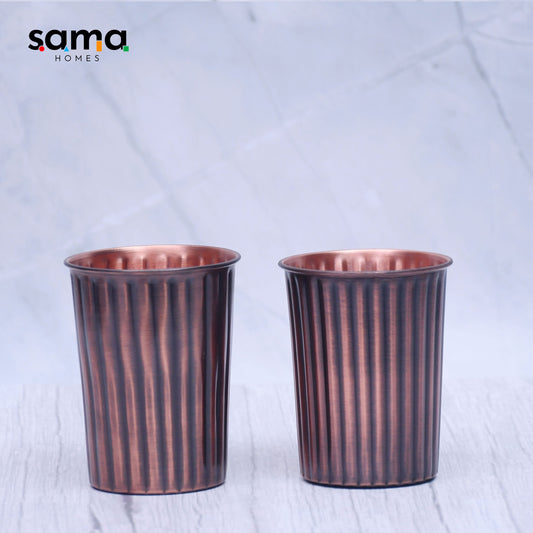 Pure Copper Water Glass Set of 2 Antique Rope Design Tumbler Capacity 300ML - Sama Homes