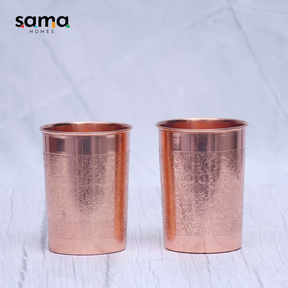 Pure Copper Water Glass Set of 2 Engrave Designed Tumbler Capacity 300ML - Sama Homes