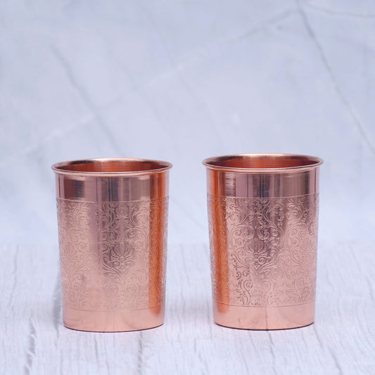 Pure Copper Water Glass Set of 2 Engrave Designed Tumbler Capacity 300ML - Sama Homes