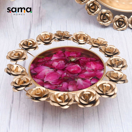 Exclusive Rose Design Urli Bowl for Home Decor with Floating Flowers and Candles( Set of 3 ) - Sama Homes