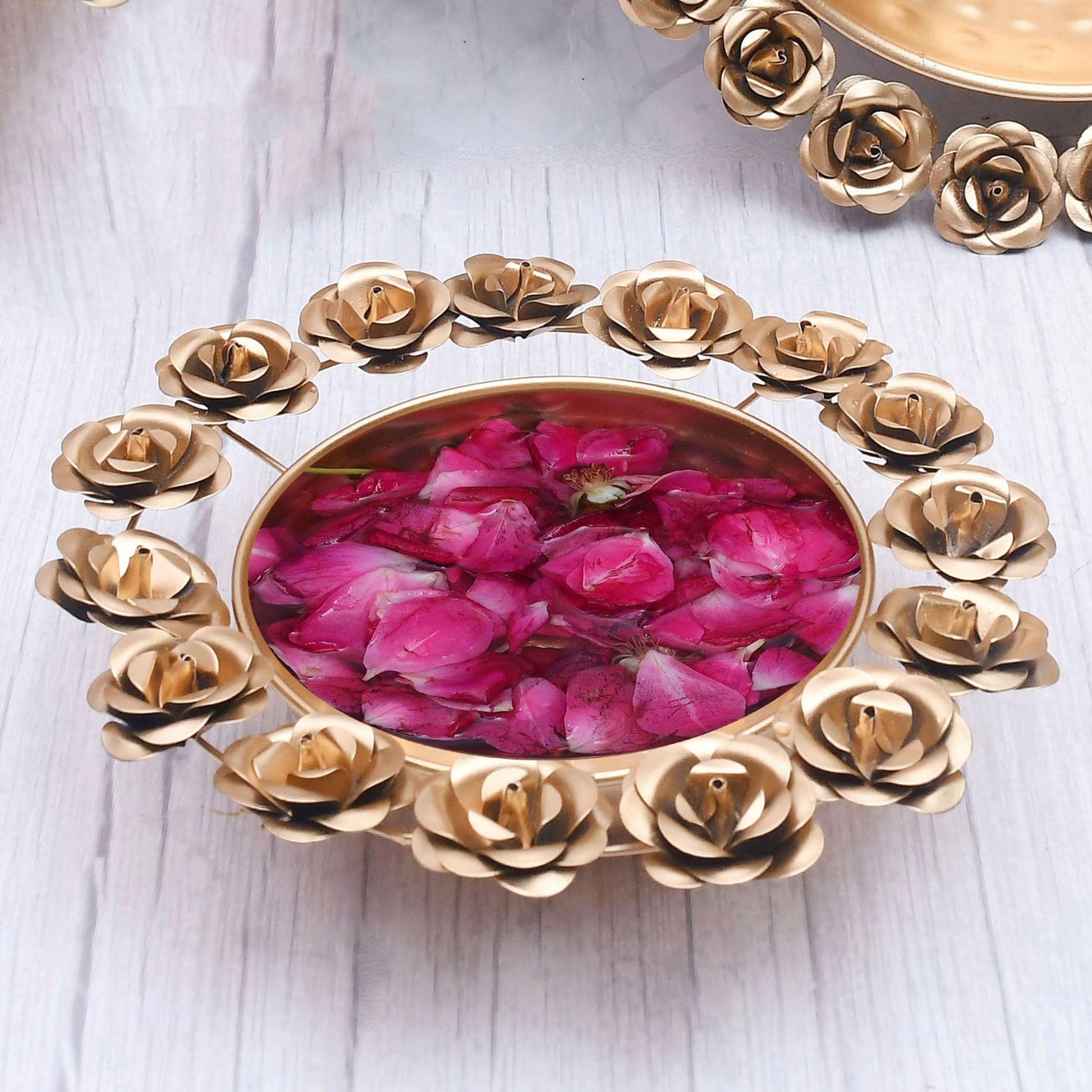 Exclusive Rose Design Urli Bowl for Home Decor with Floating Flowers and Candles( Set of 3 ) - Sama Homes