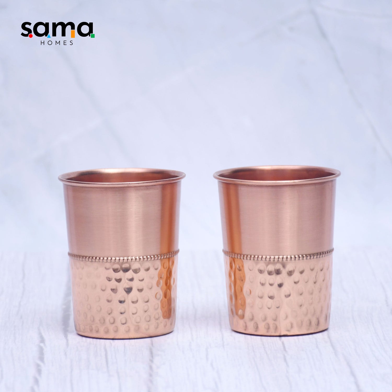 Pure Copper Water Glass Set of 2 Half Hammered Design Tumbler Capacity 300ML - Sama Homes