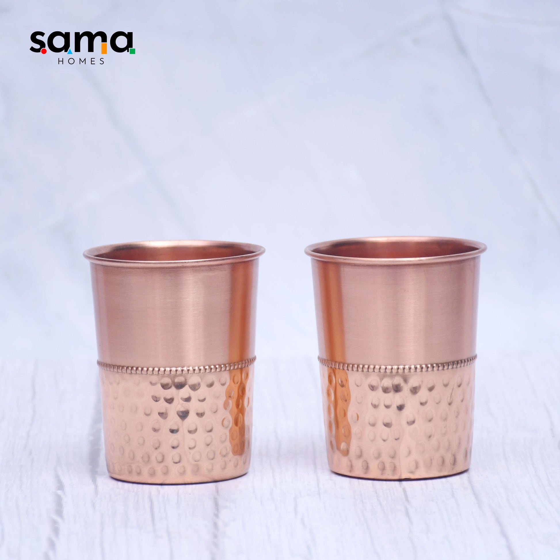 Pure Copper Water Glass Set of 2 Half Hammered Design Tumbler Capacity 300ML - Sama Homes