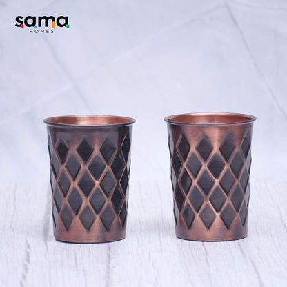 Pure Copper Water Glass Set of 2 Antique Diamond Design Tumbler Capacity 300ML - Sama Homes