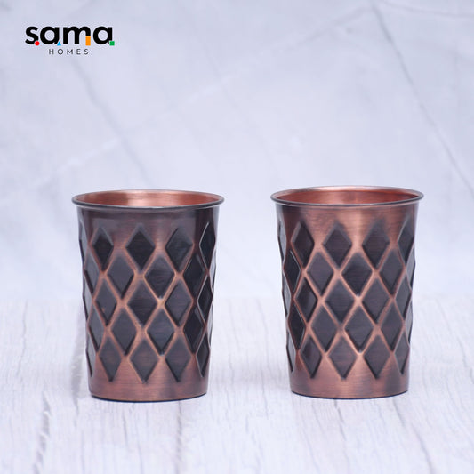 Pure Copper Water Glass Set of 2 Antique Diamond Design Tumbler Capacity 300ML - Sama Homes