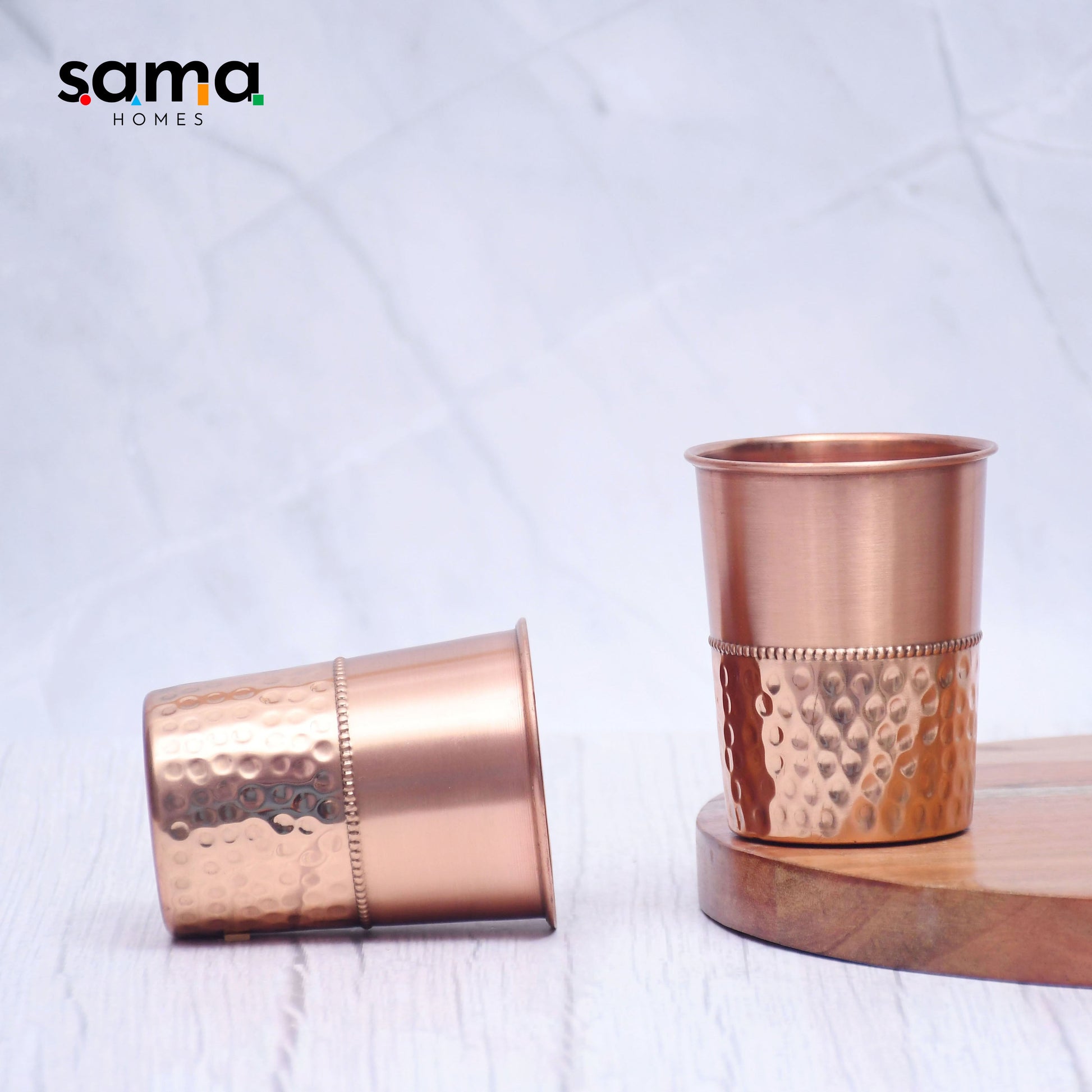 Pure Copper Water Glass Set of 2 Half Hammered Design Tumbler Capacity 300ML - Sama Homes