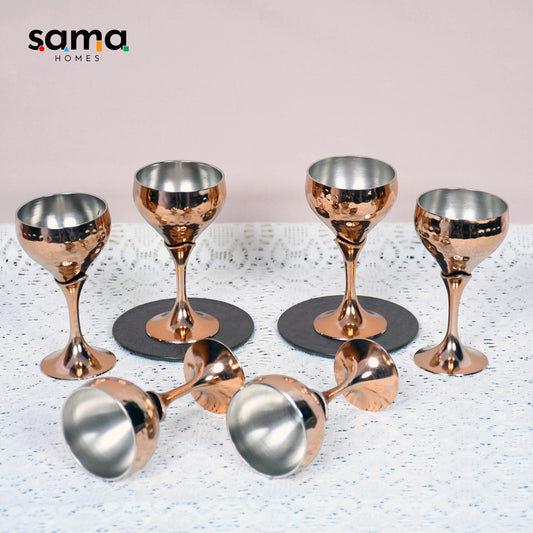 Beautifully Designed Copper Finished Round Tequila Glass Set of 6 With Wooden Box Barware - Sama Homes
