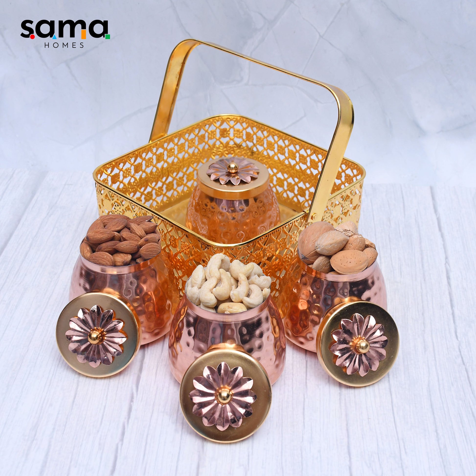 Exclusive Basket with 4 Dry Fruit Container Pot with Copper Hammered Finish For Multi-Purposes - Sama Homes