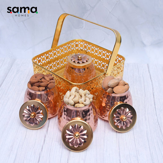 Exclusive Basket with 4 Dry Fruit Container Pot with Copper Hammered Finish For Multi-Purposes - Sama Homes