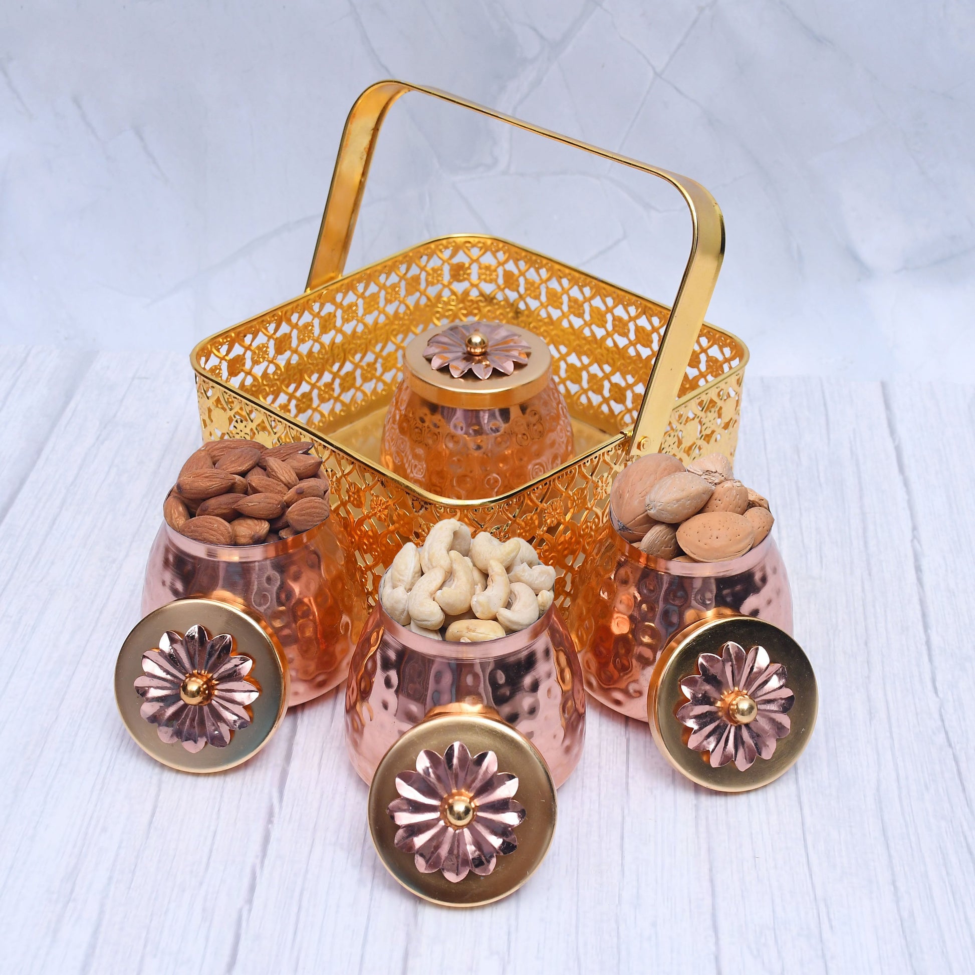 Exclusive Basket with 4 Dry Fruit Container Pot with Copper Hammered Finish For Multi-Purposes - Sama Homes