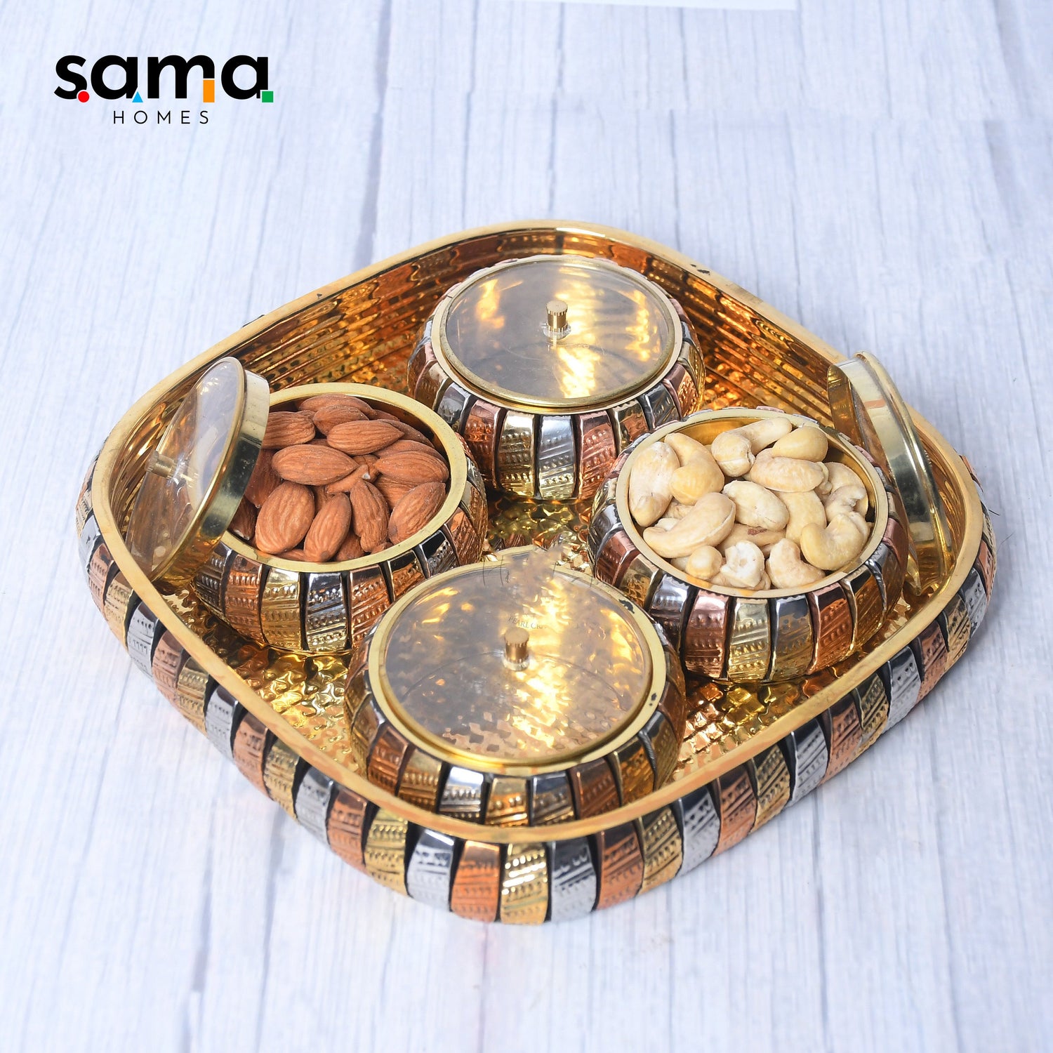 Multipurpose Brass Supari Set Decorative Box with 4 Container Set of 5 - Sama Homes