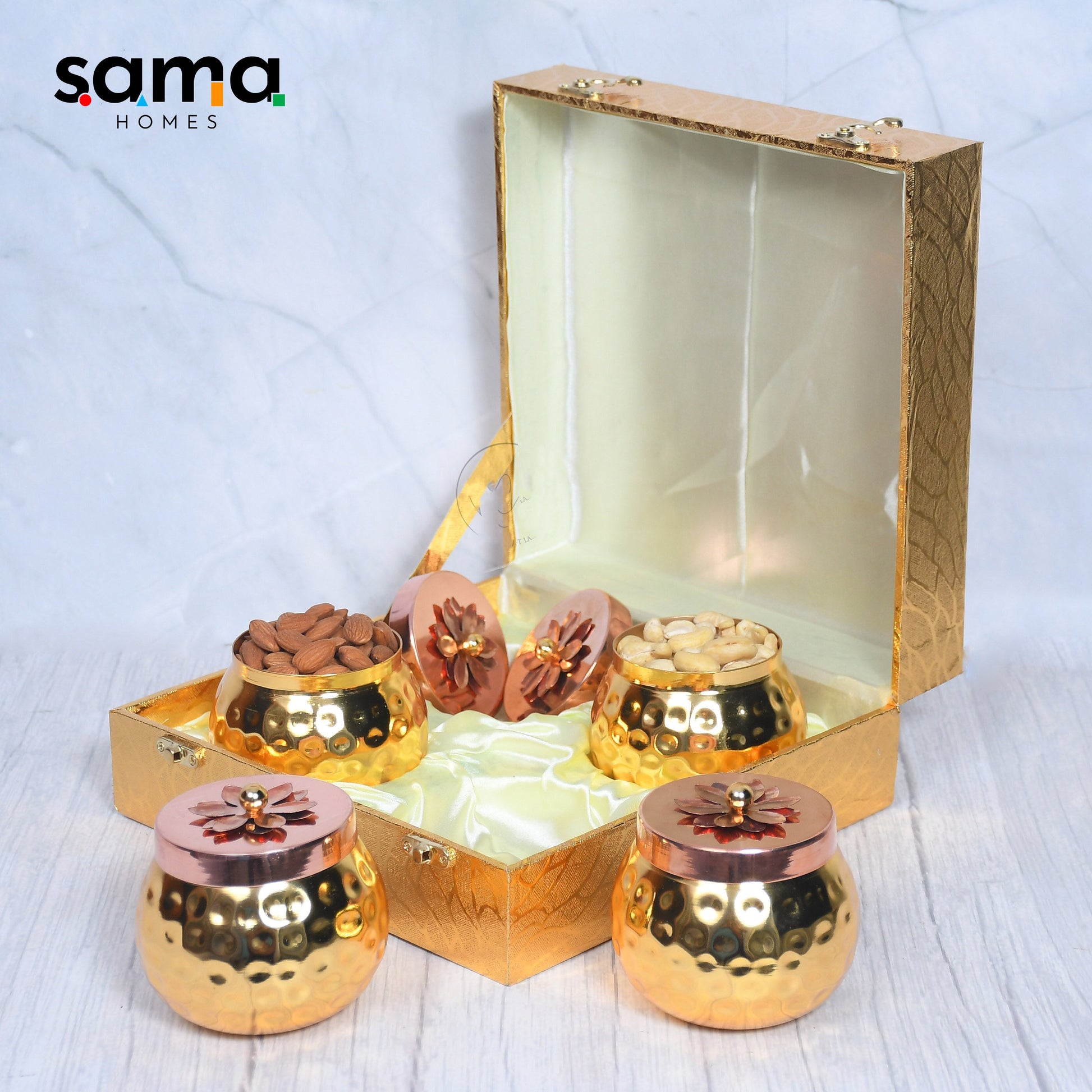 Exclusive Golden Hammered Dry-Fruit Pot with Gifting Box Set of 4 - Sama Homes