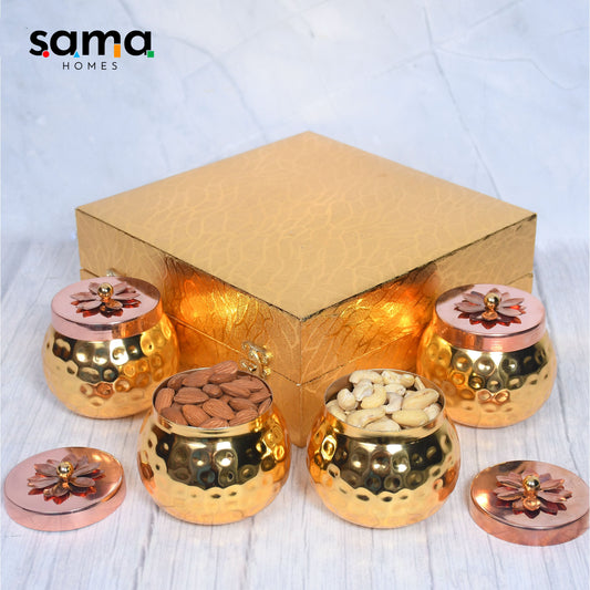 Exclusive Golden Hammered Dry-Fruit Pot with Gifting Box Set of 4 - Sama Homes