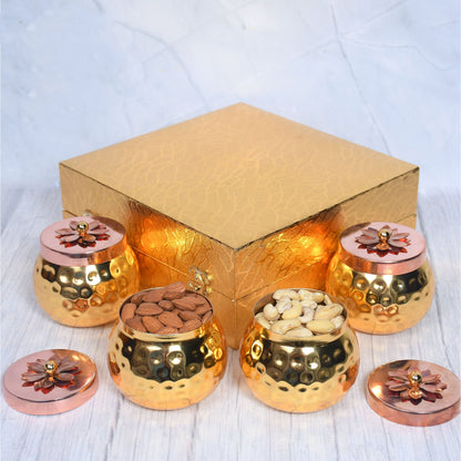 Exclusive Golden Hammered Dry-Fruit Pot with Gifting Box Set of 4 - Sama Homes