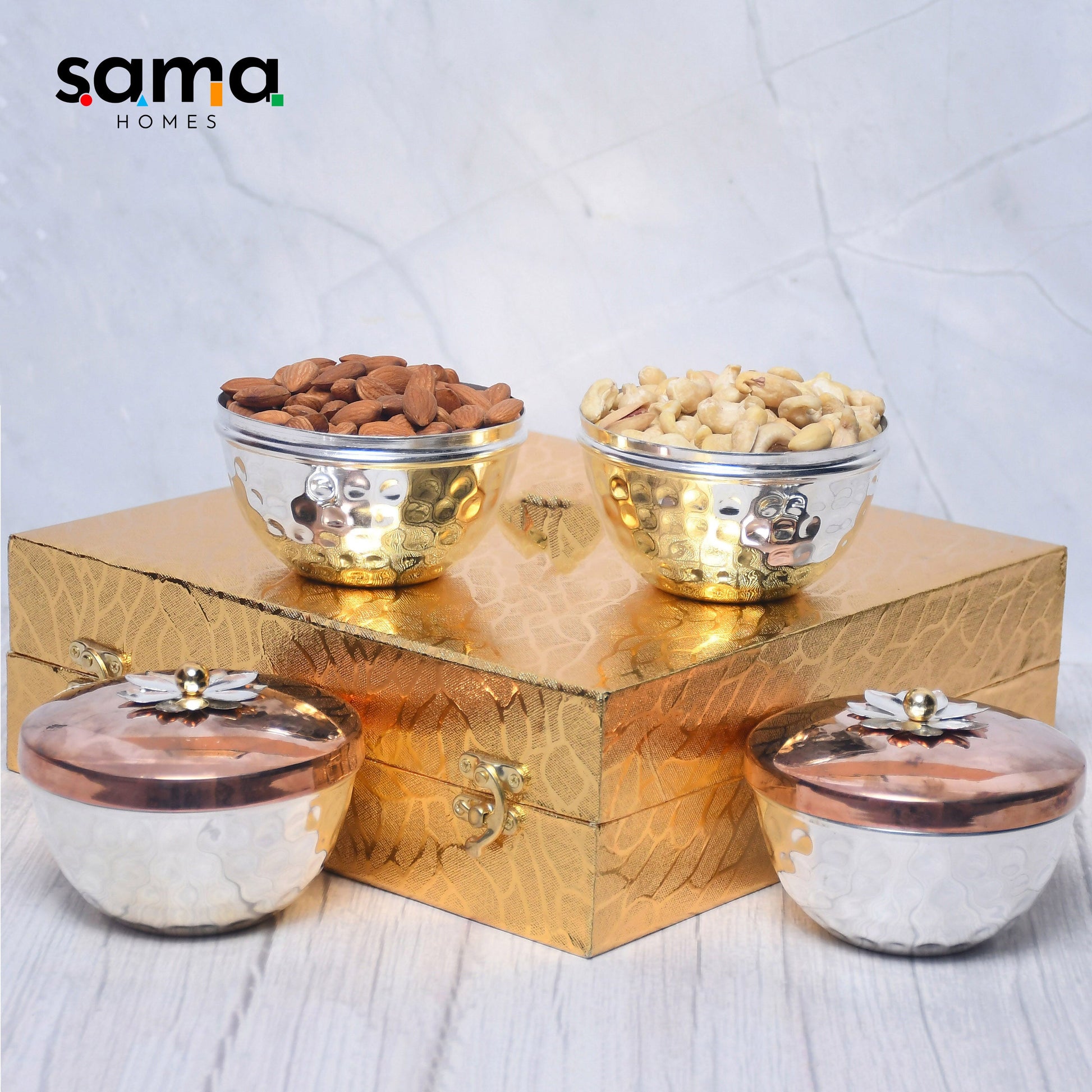 Exclusive Silver Hammered Dry Fruit Bowl with Gifting Box Set of 4 - Sama Homes