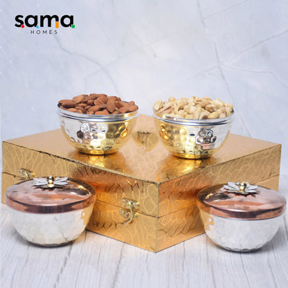 Exclusive Silver Hammered Dry Fruit Bowl with Gifting Box Set of 4 - Sama Homes