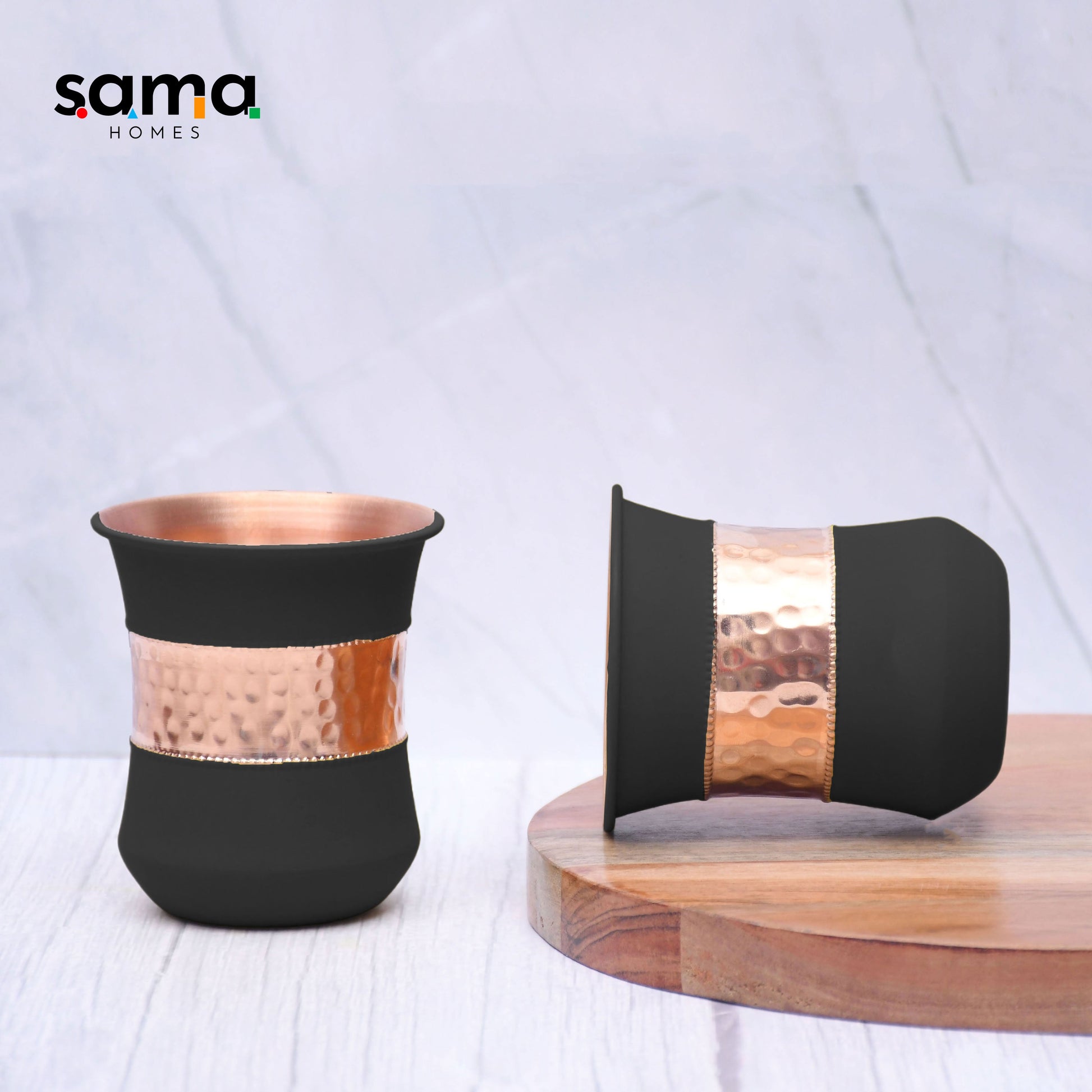 Pure Copper Water Bottle |Silk Black Half Hammered with 2 Dholak Glasses |( Set of 3 )| Capacity 1450 ML - Sama Homes