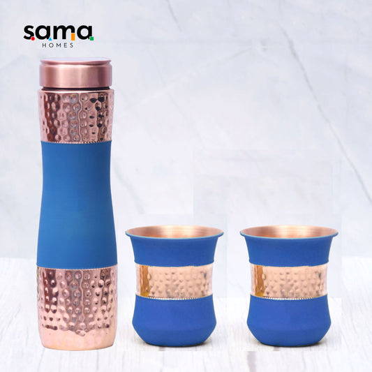 Pure Copper Water Bottle |Silk Blue Half Hammered with 2 Dholak Glasses| ( Set of 3 ) Capacity 1450 ML - Sama Homes
