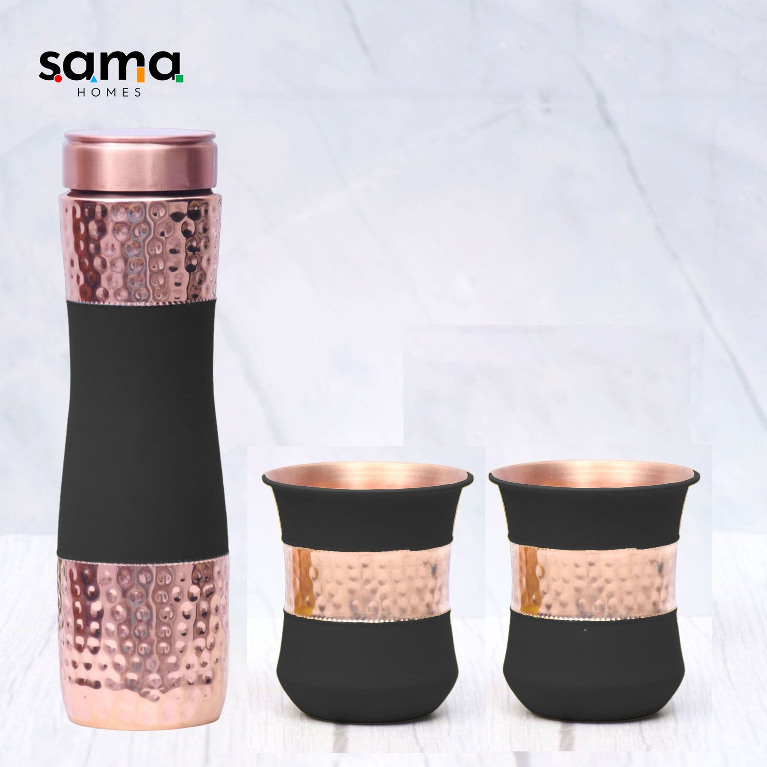 Pure Copper Water Bottle |Silk Black Half Hammered with 2 Dholak Glasses |( Set of 3 )| Capacity 1450 ML - Sama Homes