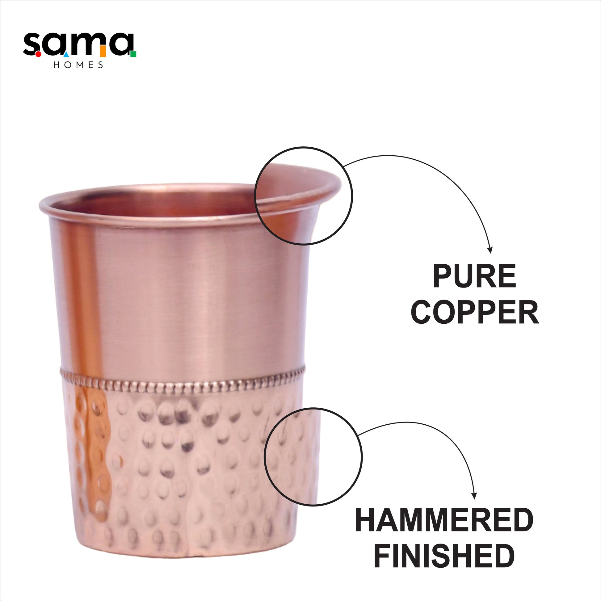 Pure Copper Water Glass Set of 2 Half Hammered Design Tumbler Capacity 300ML - Sama Homes