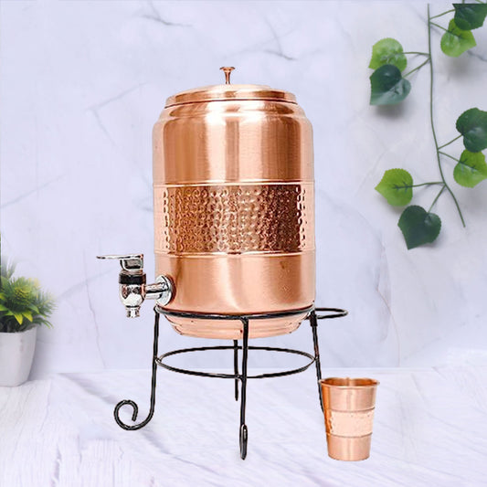 Pure Copper Half Hammered Water Dispenser with Glass and Stand (Matka) Combo 5000ml - Sama Homes