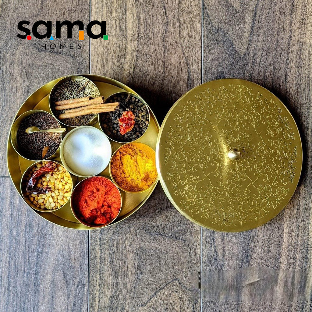 Handcrafted Brass Masala Box Set for Kitchen with Spoon (7 Containers, 40 ML) 7 " - Sama Homes