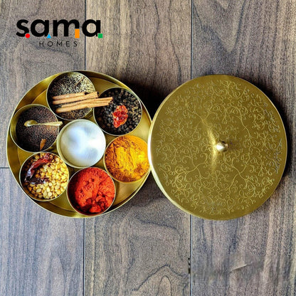 Handcrafted Brass Masala Box Set for Kitchen with Spoon (7 Containers, 40 ML) 7 " - Sama Homes