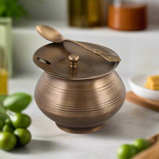 Handmade Brass Ghee Pot with Tin Lining | Vintage Kitchen Decor | Ayurvedic Cooking - Sama Homes