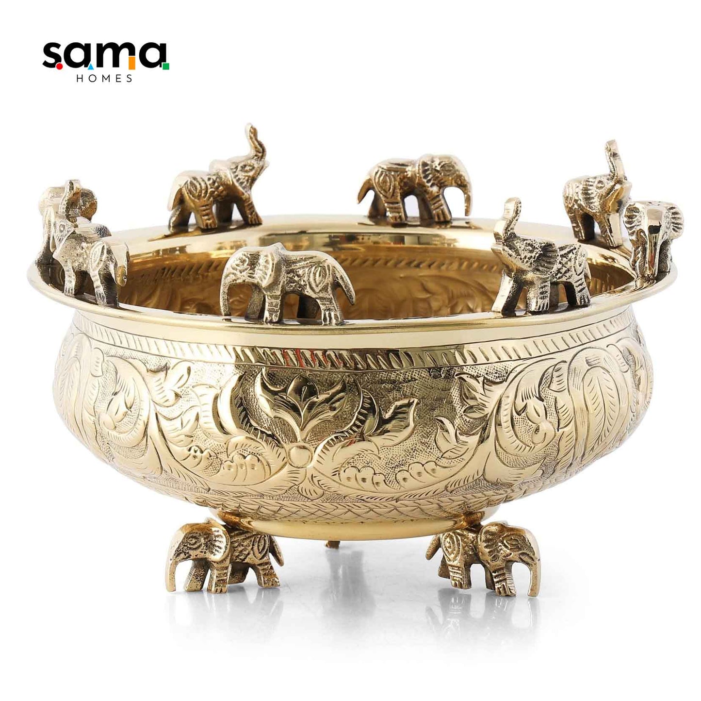 Elegant Brass Elephant Urli | Traditional Indian Decorative Bowl for Home Décor & Festive Celebrations - Sama Homes