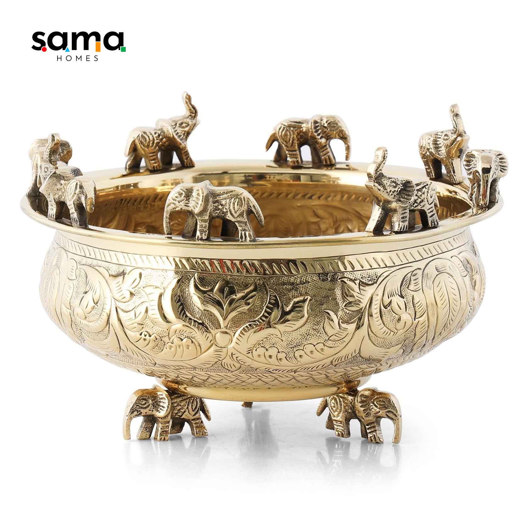 Elegant Brass Elephant Urli | Traditional Indian Decorative Bowl for Home Décor & Festive Celebrations - Sama Homes