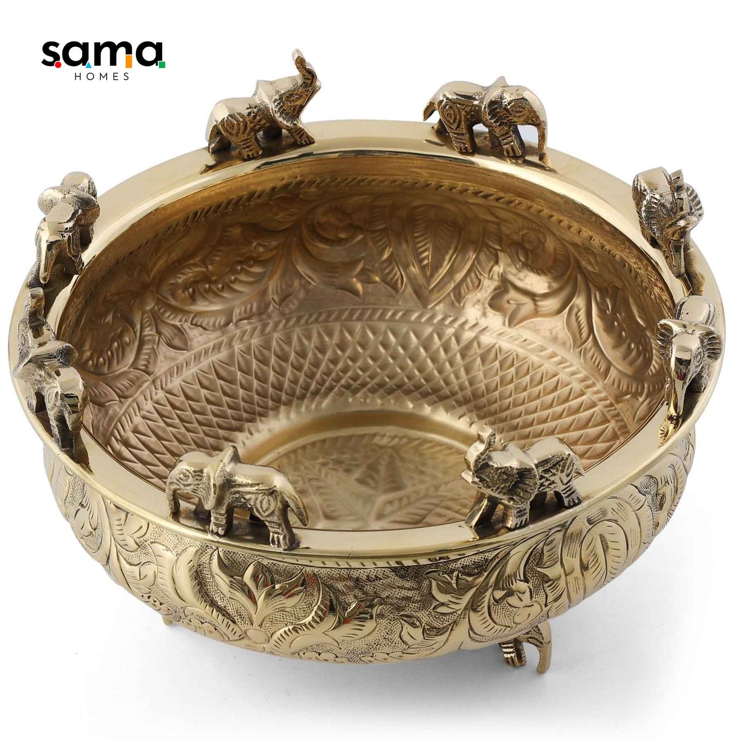 Elegant Brass Elephant Urli | Traditional Indian Decorative Bowl for Home Décor & Festive Celebrations - Sama Homes