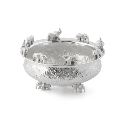 Home Decor | Brass Urli Silver Finish | Elephants Style - Sama Homes
