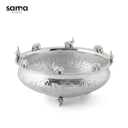 Home Decor | Brass Urli Silver Finish | Elephants Style - Sama Homes