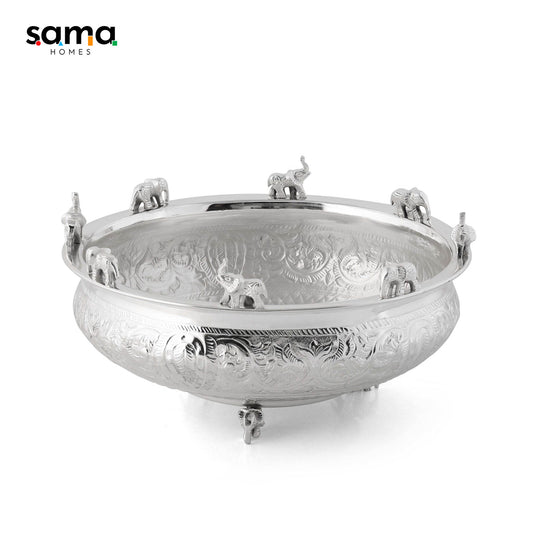 Home Decor | Brass Urli Silver Finish | Elephants Style - Sama Homes