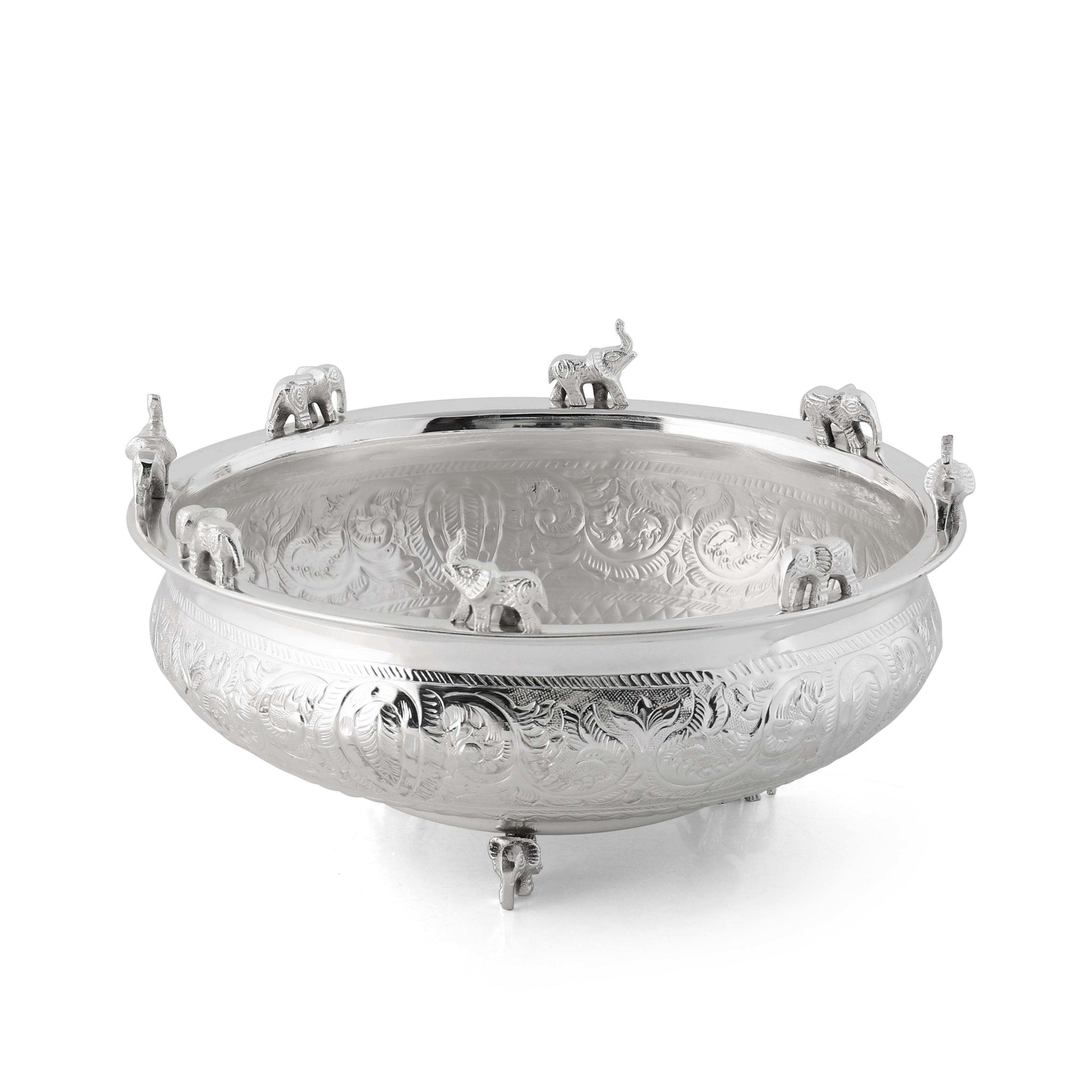 Home Decor | Brass Urli Silver Finish | Elephants Style - Sama Homes