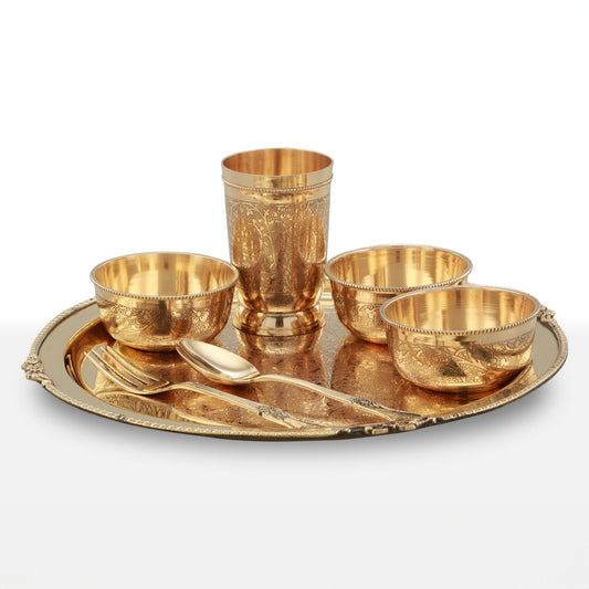 7-Piece Brass Etched Dinner Set | Handcrafted Traditional Tableware for Healthy Living | Eco-Friendly Dining Essentials - Sama Homes
